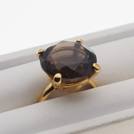 Pierścionek - Kwarc dymny okrągły (szlif diamentowy) w srebrze złoconym