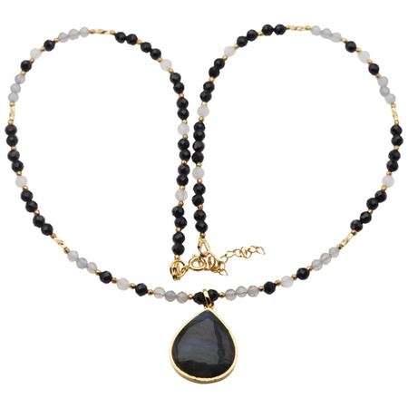 Naszyjnik - Labradoryt, Turmalin, Kamień Księżycowy, srebro pozłacane 925