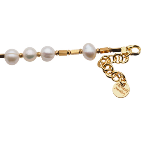 Bransoletka - Białe Perły, złoty hematyt, krzyżyk i srebro złocone