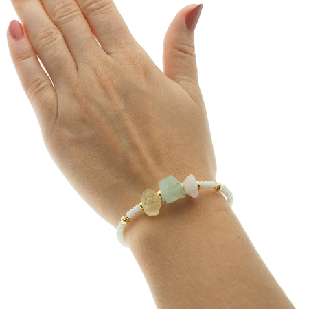 Bransoletka regulowana - Koral biały i surowe kamienie - Prehnit, Cytryn, Ametyst