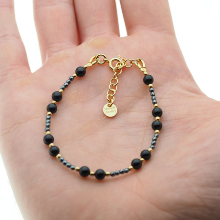 Bransoletka regulowana - Turmalin czarny, Hematyt i srebro złocone