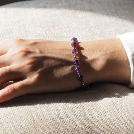 Bransoletka regulowana - Ametyst fasetowany, hematyt i srebro złocone