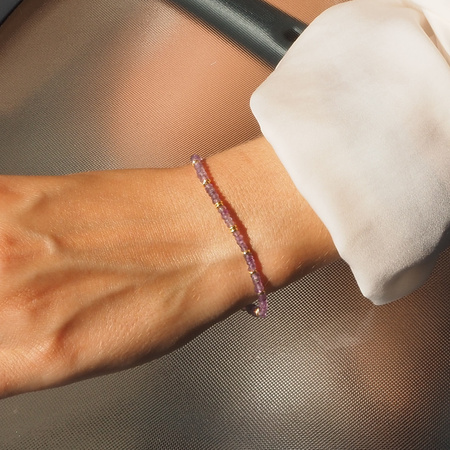 Bransoletka regulowana - Ametyst fasetowane kulki, oponki i srebro złocone