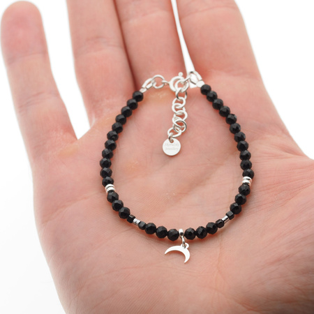 Bransoletka regulowana - Turmalin czarny kulki, zawieszka księżyc i srebro