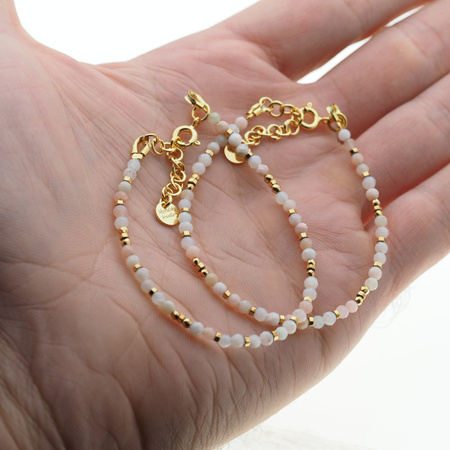 Bransoletka - Opal Różowy fasetowany, Hematyt i srebro złocone