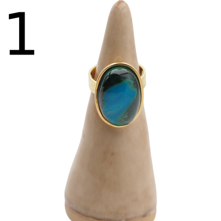 Pierścionek regulowany - Turkus z malachitem owalny w złoconym srebrze młotkowanym