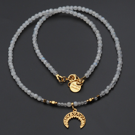 Naszyjnik - Kamień Księżycowy, Kryształ Górski, Hematyt, róg obfitości i srebro złocone