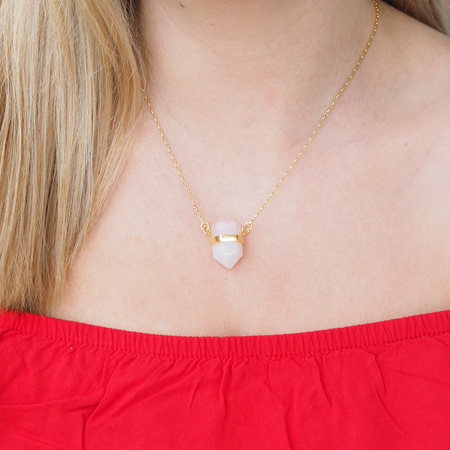 Naszyjnik - Kwarc Różowy sopel w okuciu na łańcuszku