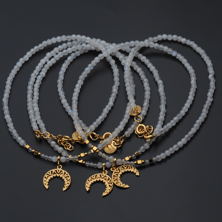 Naszyjnik - Kamień Księżycowy, Kryształ Górski, Hematyt, róg obfitości i srebro złocone