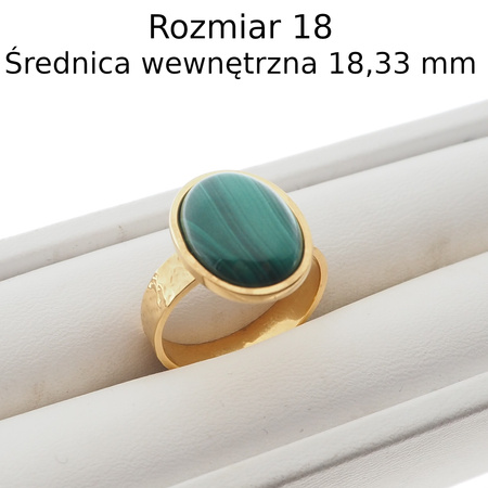 Pierścionek regulowany z owalnym Malachitem 16x12 w młotkowanym srebrze złoconym