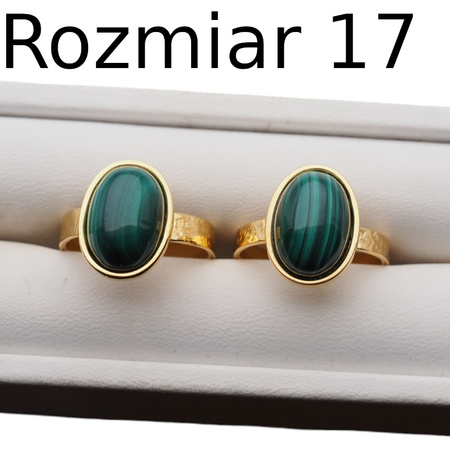 Pierścionek regulowany z owalnym Malachitem w młotkowanym srebrze złoconym