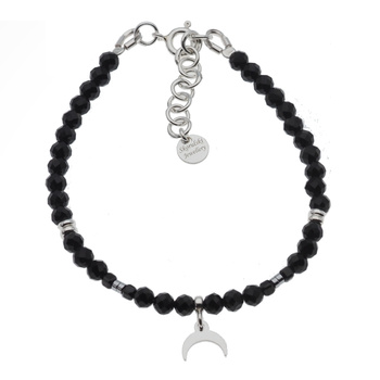 Bransoletka regulowana - Turmalin czarny kulki, zawieszka księżyc i srebro