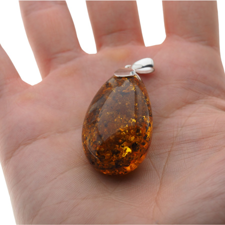 Naszyjnik na rzemieniu - Bursztyn z łuskami w srebrze