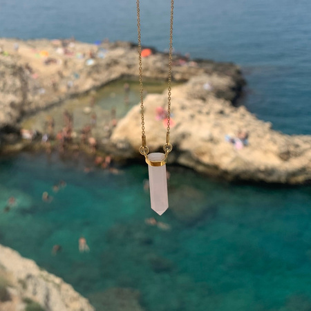 Naszyjnik - Kwarc Różowy mały sopel w okuciu na łańcuszku