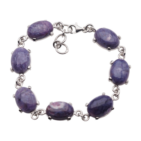 Bransoletka z owalnym czaroitem w srebrze rodowanym.