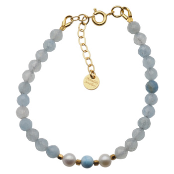 Bransoletka - Akwamaryn fasetowany, Perły, Larimar, Hematyt i srebro złocone