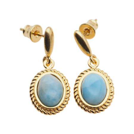 Kolczyki wiszące sztyfty - Larimar owalny w srebrze złoconym