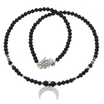 Naszyjnik regulowany - Turmalin czarny kulki, zawieszka księżyc i srebro