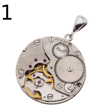 Zawieszka z okrągłym mechanizmem zegarka w srebrze.