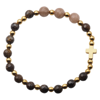 Bransoletka różaniec na gumce - Bronzyt i Kamień Słoneczny, złocony hematyt,