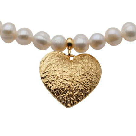 Naszyjnik z sercem młotkowanym - Perły białe i srebro złocone