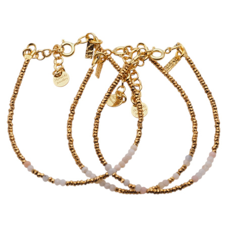 Bransoletka urodzeniowa kwiecień - opal różowy, złoty hematyt i srebro złocone