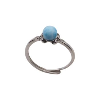 Pierścionek regulowany - okrągły Larimar i cyrkonie w srebrze rodowanym