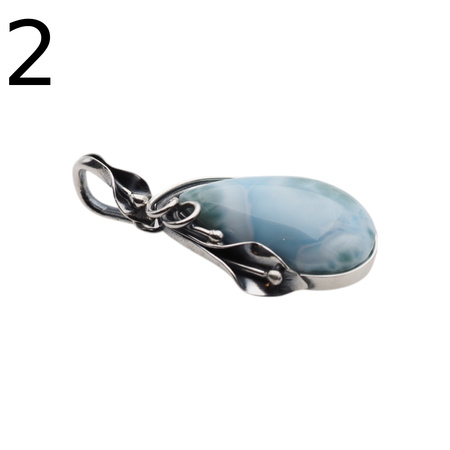 Zawieszka - larimar łza w srebrze oksydowanym z liśćmi