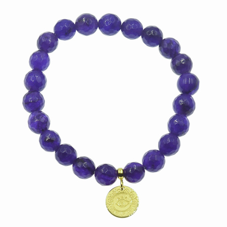 Bransoletka 18 cm - cięty Jadeit fioletowy kulki i złocone oko proroka