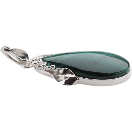 Zawieszka malachit łza w srebrze z liśćmi