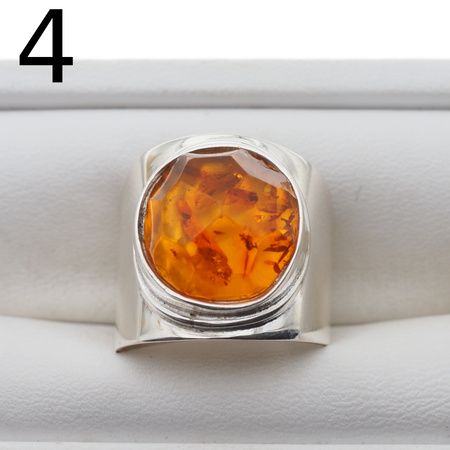 Pierścionek sygnet - Koniakowy Bursztyn fasetowany w srebrze (różne rozmiary)
