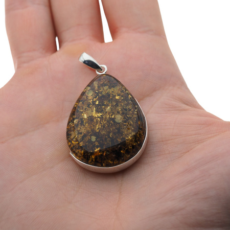 Naszyjnik na rzemieniu - zielony Bursztyn z łuskami w srebrze 