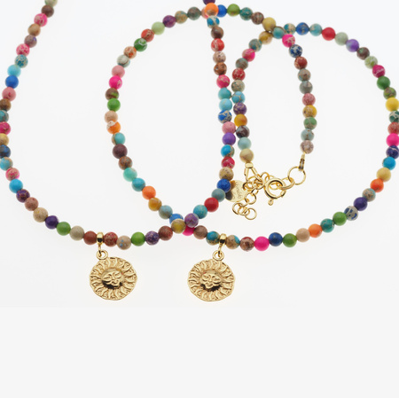 Naszyjnik - Jaspis cesarski kolorowy, słońce i srebro złocone