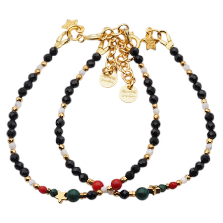 Bransoletka - Turmalin, Koral, Malachit, Muszla, gwiazdki i srebro złocone