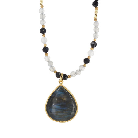 Naszyjnik - Labradoryt, Turmalin, Kamień Księżycowy, srebro pozłacane 925