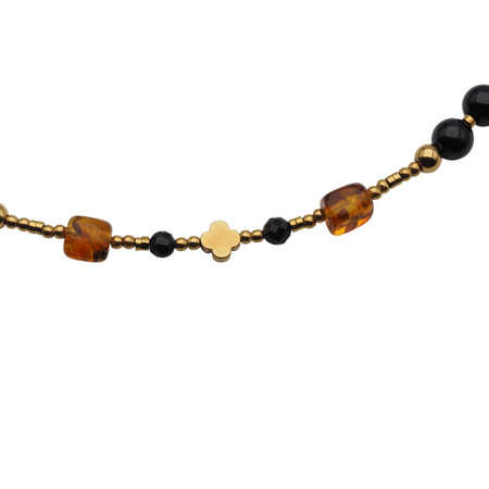 Naszyjnik długi - turmalin, bursztyn, hematyt i srebro pozłacane