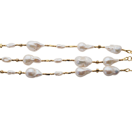 Naszyjnik z aztecką blaszką - Białe Perły hodowane i srebro złocone