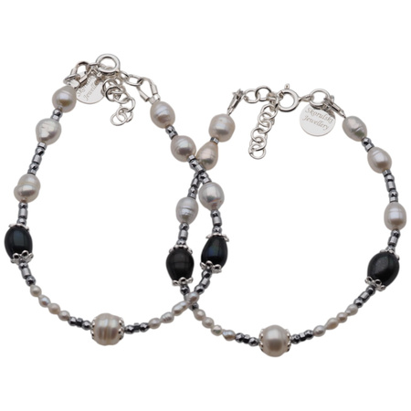 Bransoletka - Perły białe, czarne, hematyt i srebro