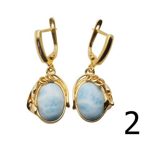 Kolczyki - larimar owal w srebrze złoconym z liśćmi