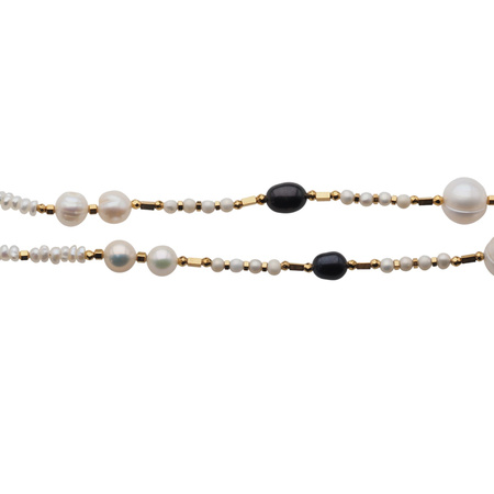 Naszyjnik długi - Białe, czarne Perły hodowane i srebro złocone