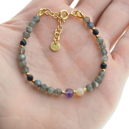 Bransoletka mix - Turmalin, ametyst, kwarc różowy, labradoryt i srebro złocone