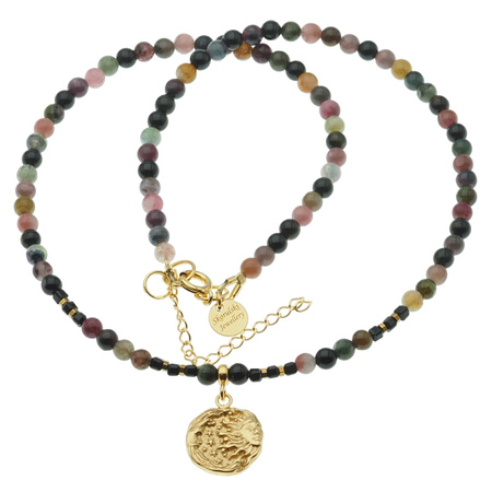 Naszyjnik regulowany - Turmalin kolorowy kulki, zawieszka słońce i srebro złocone