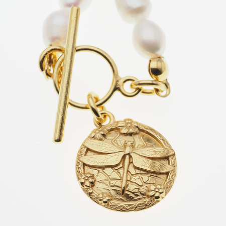 Naszyjnik z ważką - Białe Perły hodowane i srebro złocone