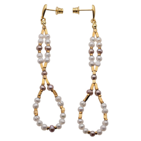 Kolczyki wiszące sztyfty - Perły biały, różowe i srebro złocone