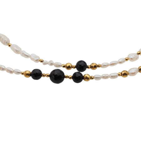Naszyjnik długi - Białe Perły hodowane, Onyks i srebro złocone
