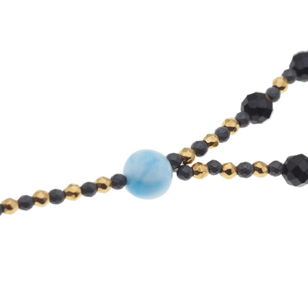 Naszyjnik różaniec - Turmalin, hematyt, Larimar i srebro złocone