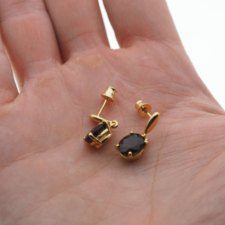 Kolczyki na wiszących sztyftach - Kwarc dymny owal (szlif diamentowy) w srebrze złoconym