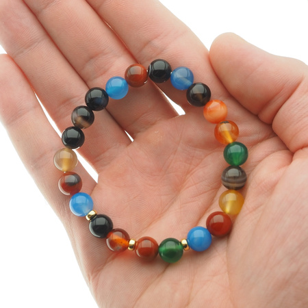 Bransoletka 18,5 cm - Agat kolorowy kulki 8mm i srebro złocone