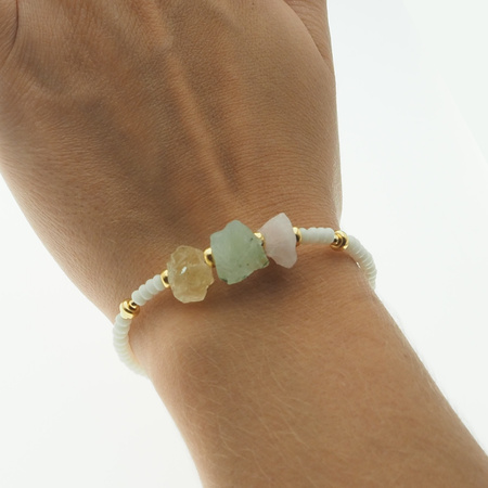 Bransoletka regulowana - Koral biały i surowe kamienie - Prehnit, Cytryn, Ametyst