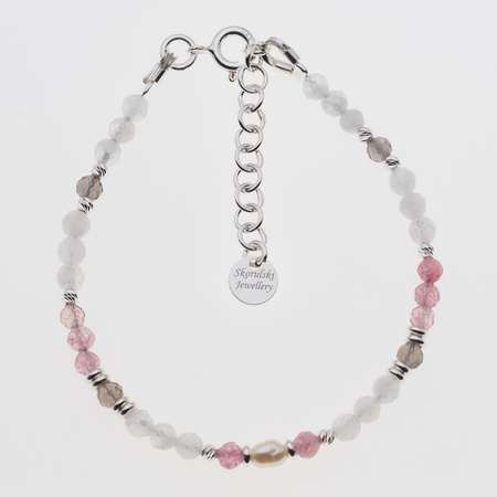 Bransoletka mix - Rubelit, Kamień Księżycowy, Perła i srebro